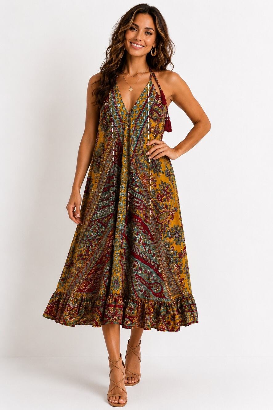 Earthbound Trading Boho Festival Hippie Halter Maxi Dress Multicolor Floral S